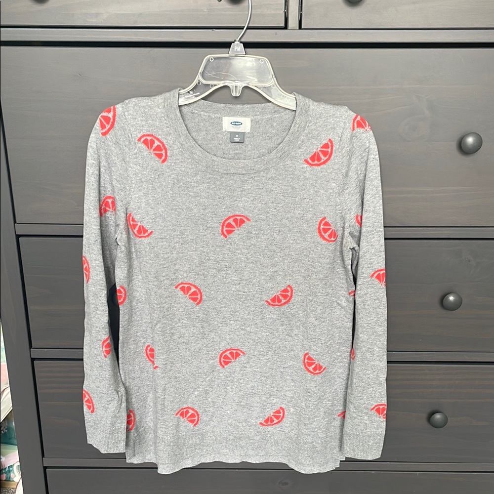 Old Navy Gray Long Sleeve Sweater with Orange Fruit Slice Design